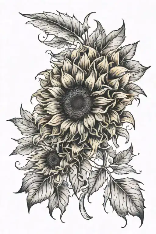 "A vivid, large sunflower with bright golden-yellow petals and a deep, intricate brown center. The sunflower is surround tattoo design idea