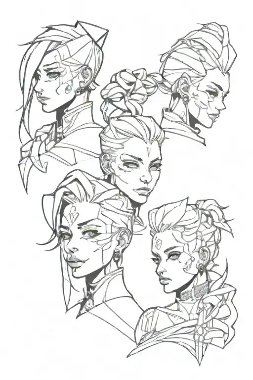 Arcane characters jinx, vi, cait, ekko in portrait tattoo design idea