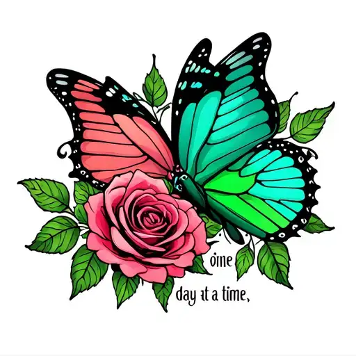 two butterflies, one rose colour the other one green on the beginning and the end of the phrase öne day at a time". tattoo design idea