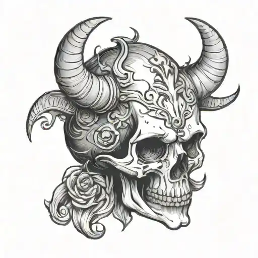 sad Skull with small horns  tattoo design idea