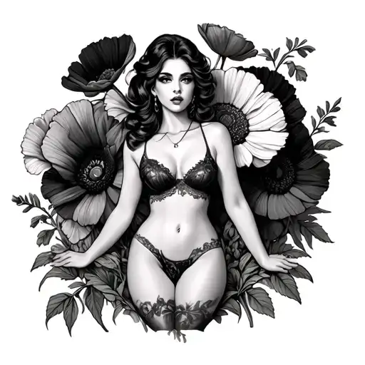 Poppy flowers, marigolds, Indian blanket flowers with a hidden sexy pin up model masturbating tattoo design idea