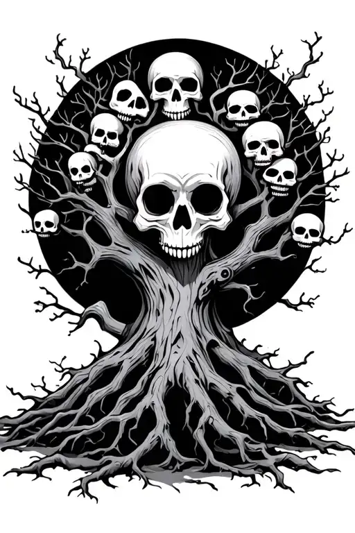tree of strife adorned with skulls and Kodama tattoo design idea