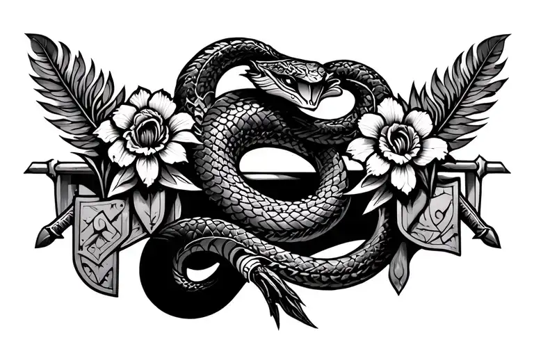 Aztec feathered snake on a rainbow holding iris flowers with Aztec shields and swords  tattoo design idea