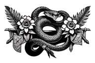 Aztec feathered snake on a rainbow holding iris flowers with Aztec shields and swords  tattoo design idea