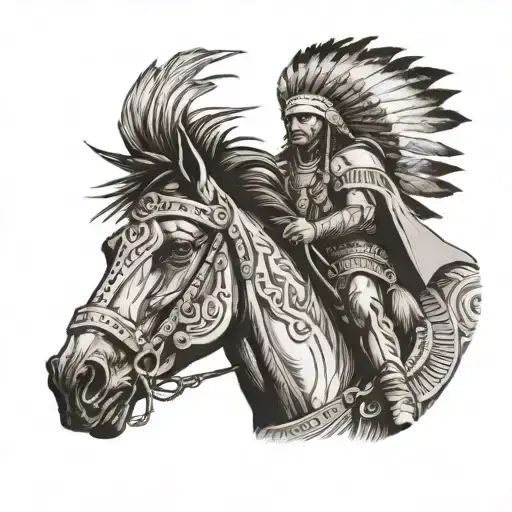 Indian warrior with headress on horse tattoo design idea