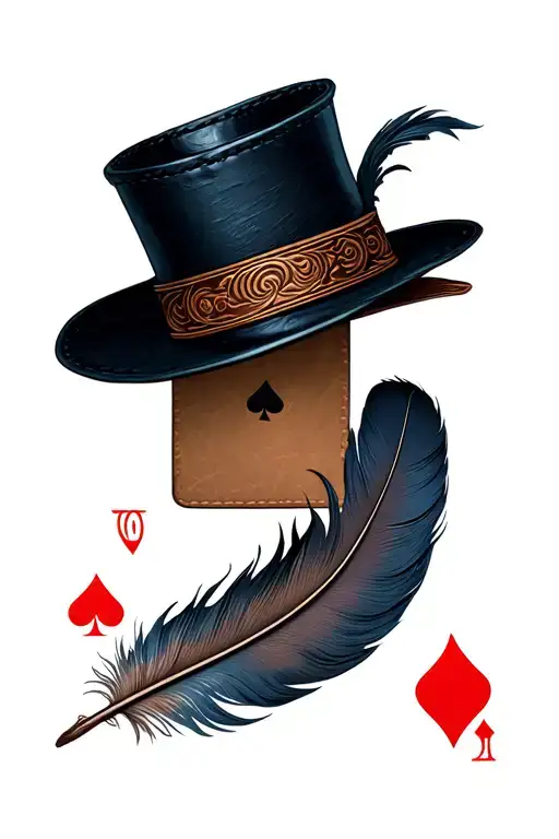 tooled leather and playing cards and feather tattoo design idea