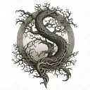yggdrasil, jormungandr wrapping tree branches tattoo design idea