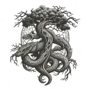 yggdrasil, jormungandr wrapping tree branches tattoo design idea
