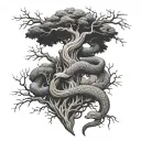 yggdrasil, jormungandr wrapping tree branches tattoo design idea