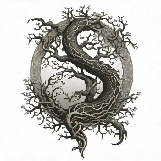 yggdrasil, jormungandr wrapping tree branches tattoo design idea