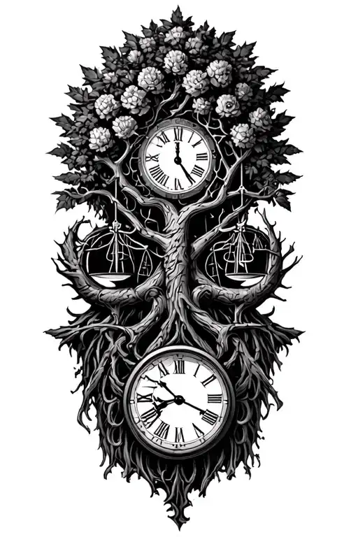 midevil tree of life, gothic libra scale, harley engine jug & time tattoo design idea