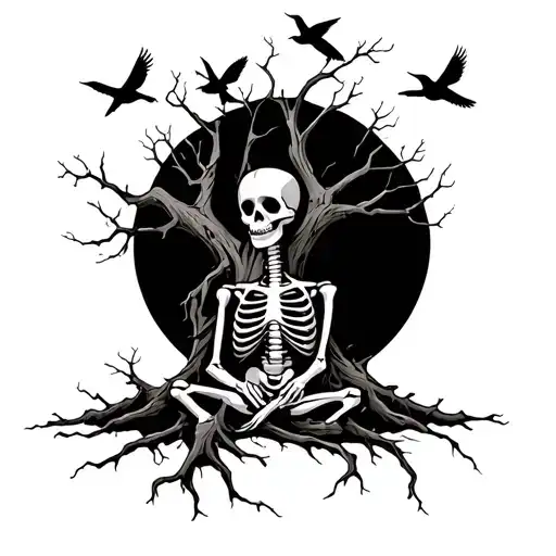 dead tree with birds on the branches and a skeleton holding a lilie sitting at the base tattoo design idea