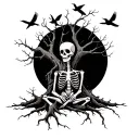 dead tree with birds on the branches and a skeleton holding a lilie sitting at the base tattoo design idea