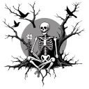 dead tree with birds on the branches and a skeleton holding a lilie sitting at the base tattoo design idea