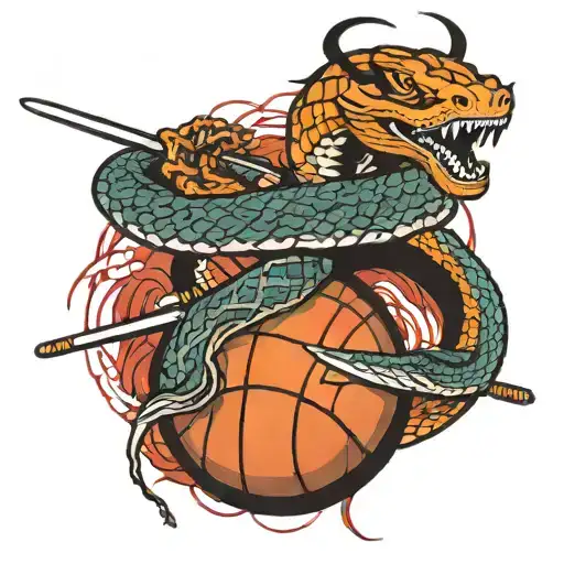 basketball with a sword going through it in a Japanese style and a snake coiled around the sword tattoo design idea