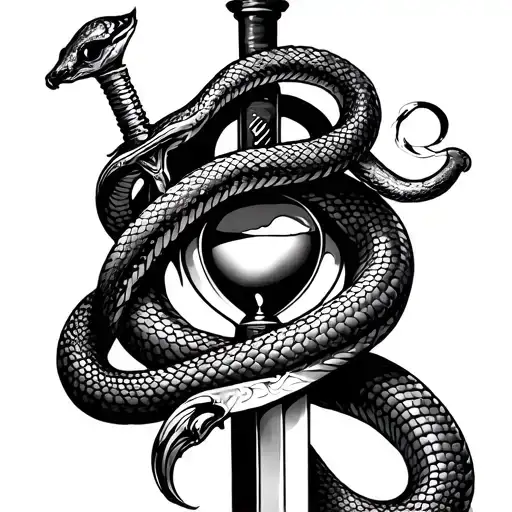generate an image with a snake wrapped around a dagger and an hourglass. also add in so where an eye make a sleeve that  tattoo design idea