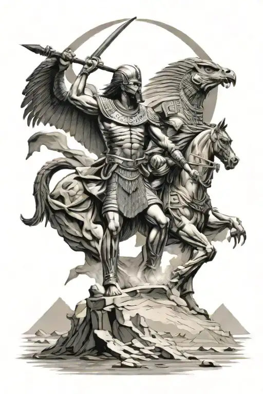 Egyptian style big war with sword fighting in a massive scale battle with scenery  tattoo design idea