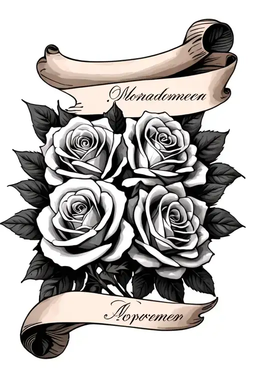 roses with 3 names in a scroll tattoo design idea