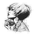 Sexy girl, Huge cleavage, petite, torn clothing, short white bob hairstyle, smoking a cigarette in mouth, side view tattoo design idea