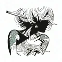 Sexy girl, Huge cleavage, petite, torn clothing, short white bob hairstyle, smoking a cigarette in mouth, side view tattoo design idea