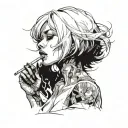 Sexy girl, Huge cleavage, petite, torn clothing, short white bob hairstyle, smoking a cigarette in mouth, side view tattoo design idea
