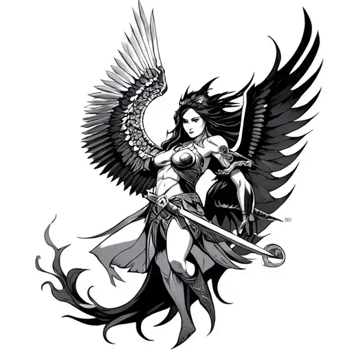 A Tattoo-Design on clean, white background. Tattoo-Style: Classic Japanese. Color: Black. Design: A brave Valkyrie tattoo design idea