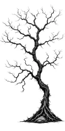 tall dead bonsai tree many branches and twigs rough bark roots gripping rocks. black grey intricate structure gothic  tattoo design idea