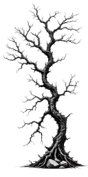 tall dead bonsai tree many branches and twigs rough bark roots gripping rocks. black grey intricate structure gothic  tattoo design idea