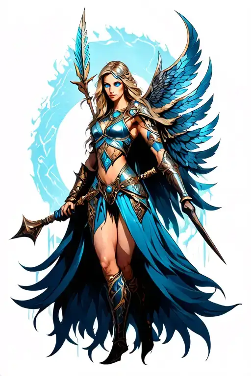 Valkyrie with blue eyes warrior wielding a spear tattoo design idea