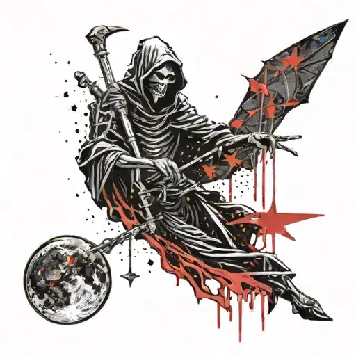 The is grim reaper staying at the half moon. an male angel is kissing his hand. stars at the sky  tattoo design idea