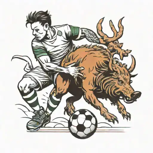 A neotraditional tattoo of a football player tackling a wild boar, combining the client's passion for football and animals tattoo design idea