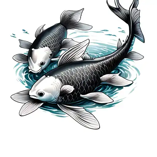 A traditional Japanese tattoo design featuring multiple koi fish swimming gracefully in a tranquil lake. The koi are dep tattoo design idea