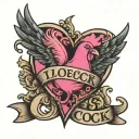 big pink heart with the words "i love cock" on top of the heart tattoo design idea