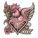 big pink heart with the words "i love cock" on top of the heart tattoo design idea