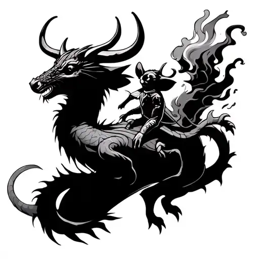 mouse and ox riding a dragon breathing fire tattoo design idea