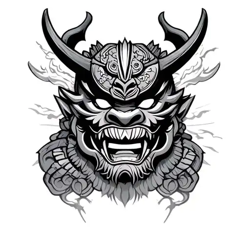 japanese oni mask, samurai warrior, temple, daruma doll tattoo design idea