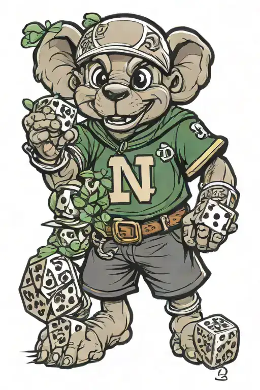 Notre Dame mascot with Irish clothes, number 13 on shirt, clovers inside his eyes, #5 dice, #2 dice, a HORSESHOE tattoo design idea