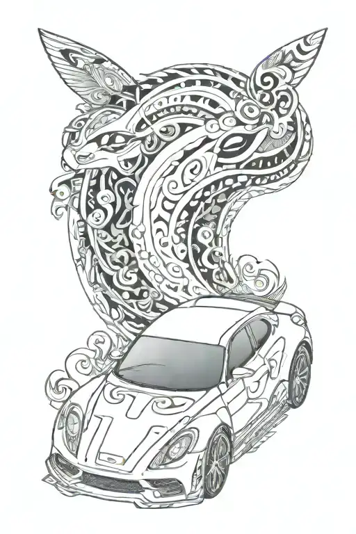 A futuristic car design with Indian paisley patterns and anime characters riding on top tattoo design idea