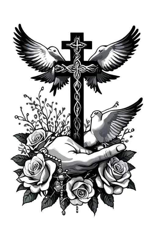 Square cross with roses, peace doves and a bedded hand with a rosary tattoo design idea