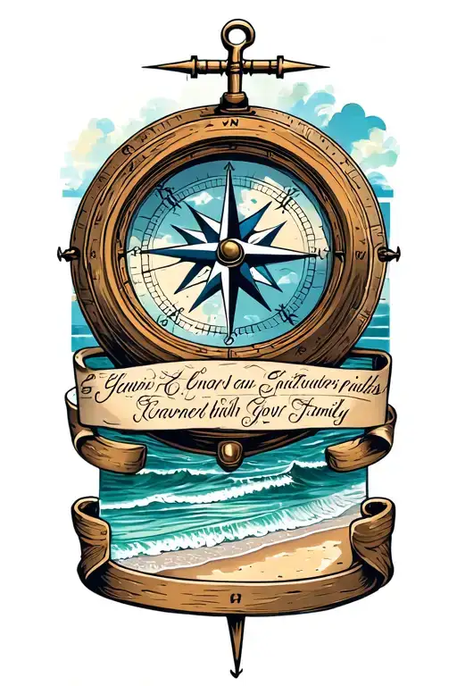 nautical compass with beach scene inside surrounded names of family around compass tattoo design idea