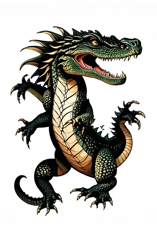 create a tattoo of a crocodile a komodo dragon and a dragon angry and furious with versace greek around  tattoo design idea
