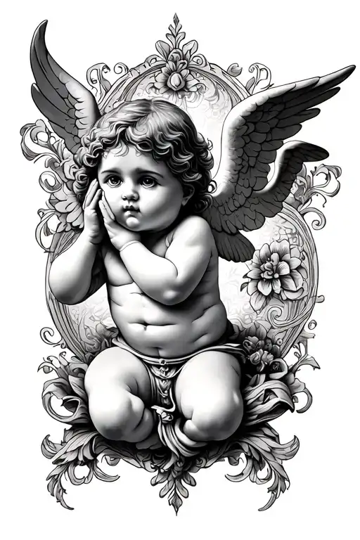 "a tattoo of cupid with see no evil hear no evil speak no evil and filigree background" tattoo design idea