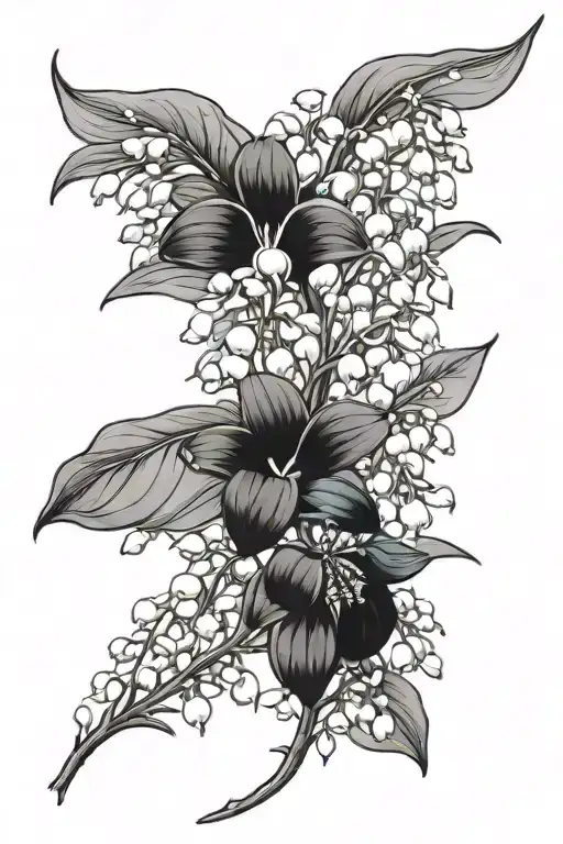 fine line lily of the valley and garnet flower  spine tattoo tattoo design idea