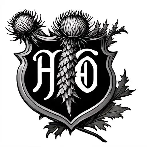 Scottish Thistle within shield with initials H, E and O tattoo design idea