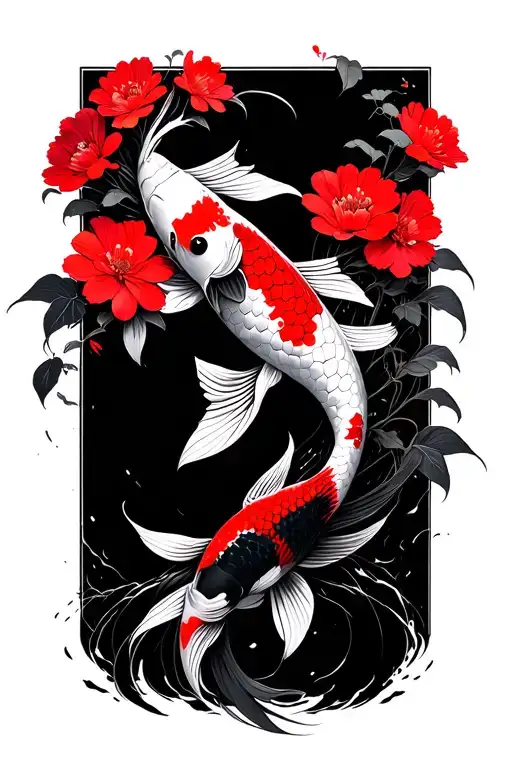 A full manga with flowers, koi fish, red details and a little anime tattoo design idea