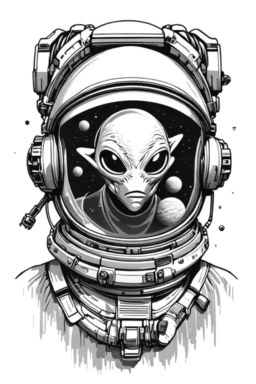 Astronaut helmet with an alien head on the inside. There should be planets in the reflection of the visor or alien. tattoo design idea