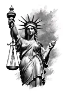 A hyper realism black-and-white Chicano art tattoo illustration of Lady Justice posed like the Statue of Liberty. tattoo design idea