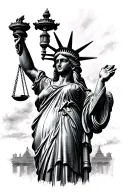 A hyper realism black-and-white Chicano art tattoo illustration of Lady Justice posed like the Statue of Liberty. tattoo design idea