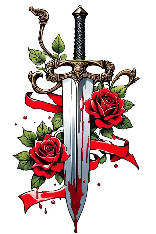 sword with back and red roses around it with a ribbon and blood dripping from the tip of the sword tattoo design idea