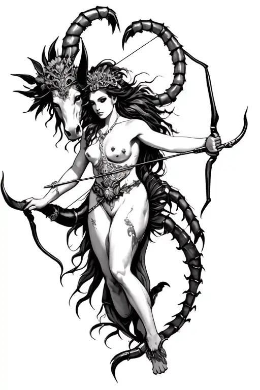 female centaur with scorpion tail and bull headdress shooting bow and arrow tattoo design idea